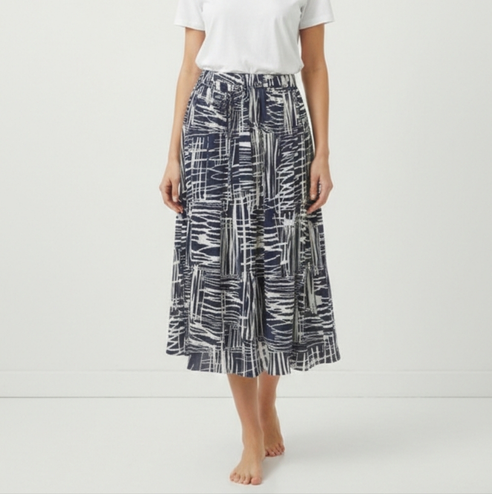 Ice Blue Blue White Geometric Skirt Pleated Belted Summer L